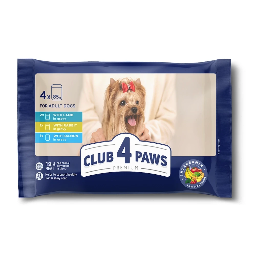 Набір вологого корму для дорослих собак малих порід CLUB 4 PAWS Клуб 4 лапи з ягням, кроликом та лососем (набір 4 шт × 85 г)