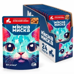 Вологий корм для дорослих котів М'ясна миска шматочки в соусі м'ясний мікс (блок 24 шт х 100 г)