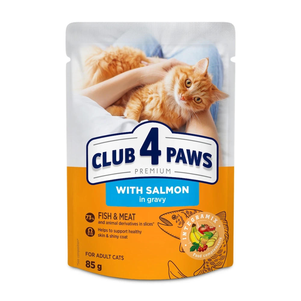 Повнораціонний консервований корм для дорослих кішок CLUB 4 PAWS (Клуб 4 Лапи) Преміум з лососем в соусі 85 г